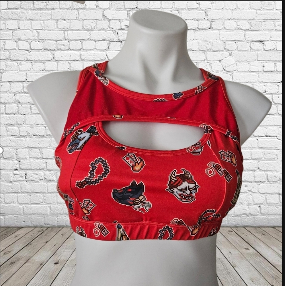 Ironyokai Pixel Yokai Print Red Sports Bra - image 1